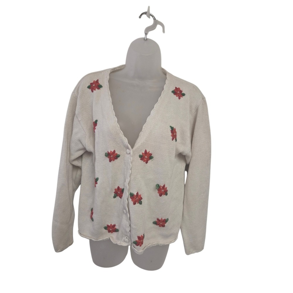 VJ Petites Vintage Poinsettia Embroidered Cardigan Sweater Cream Large PL
